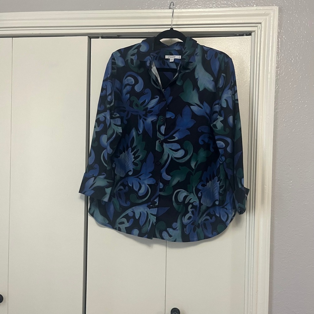 Chico's Women's Floral Button-Down Shirt Top Blouse Blue Green Size 2 US‎ 12